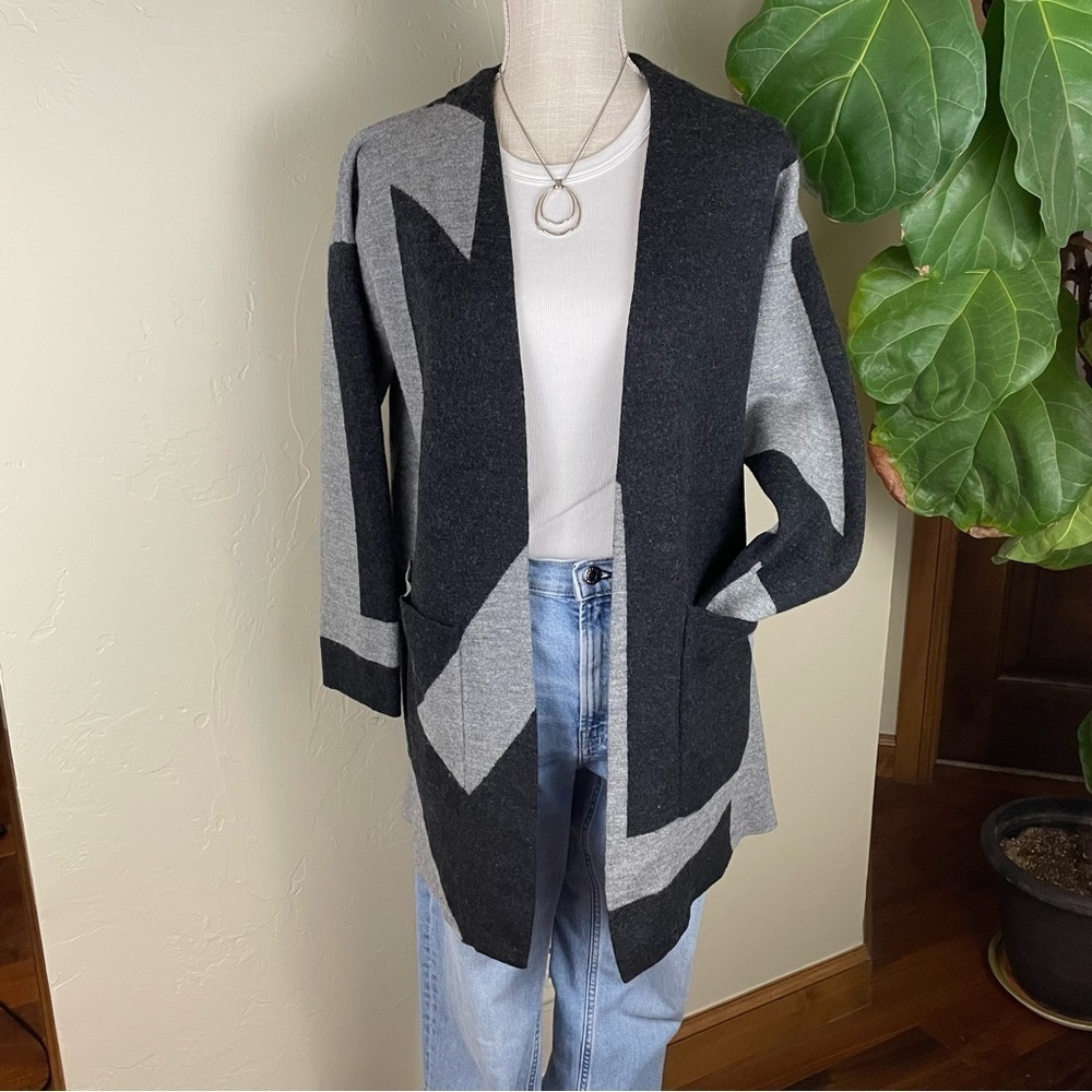 Eileen Fisher Color Block Merino Wool Long Cardigan Minimalist Neutral